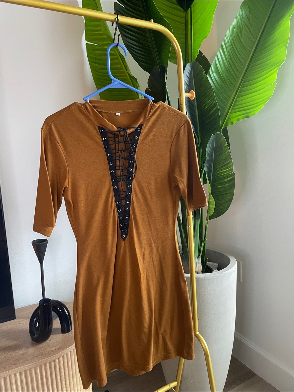 Women's Lace-Up Brown Short Sleeve Dress